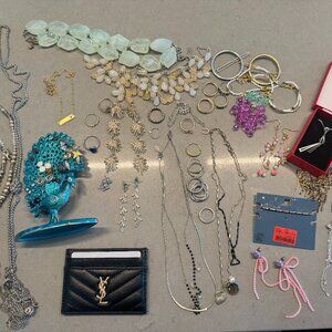 Assorted jewelry + peacock earring holder